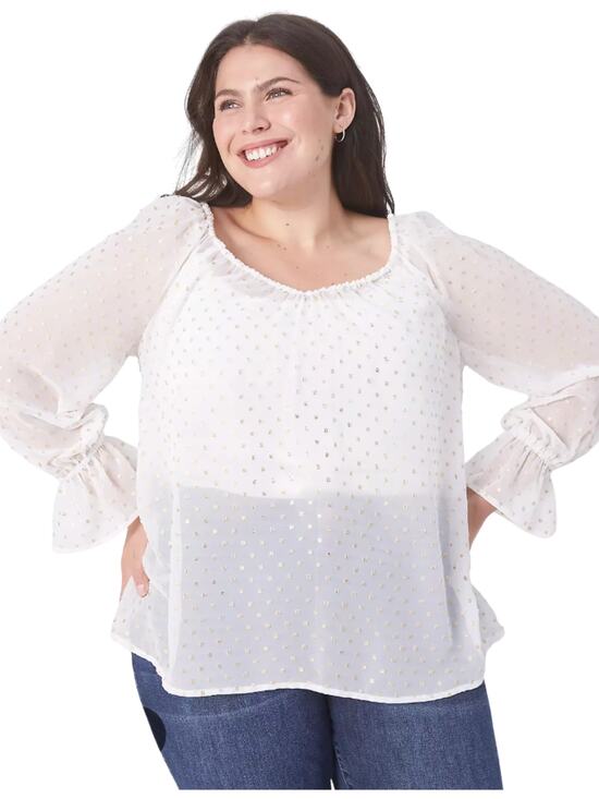 Lane Bryant Tops - Lane Bryant Metallic Swiss Dot Peasant Blouse 14/16 White Gold Sheer Boho Top